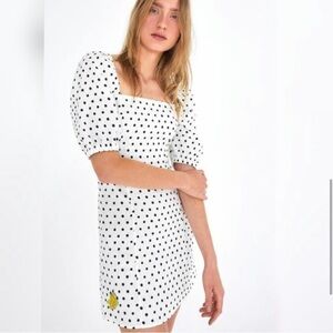 NWT Farm Rio 100% Linen Black & White Polka Dot Puff Sleeve Smocked Back Dress